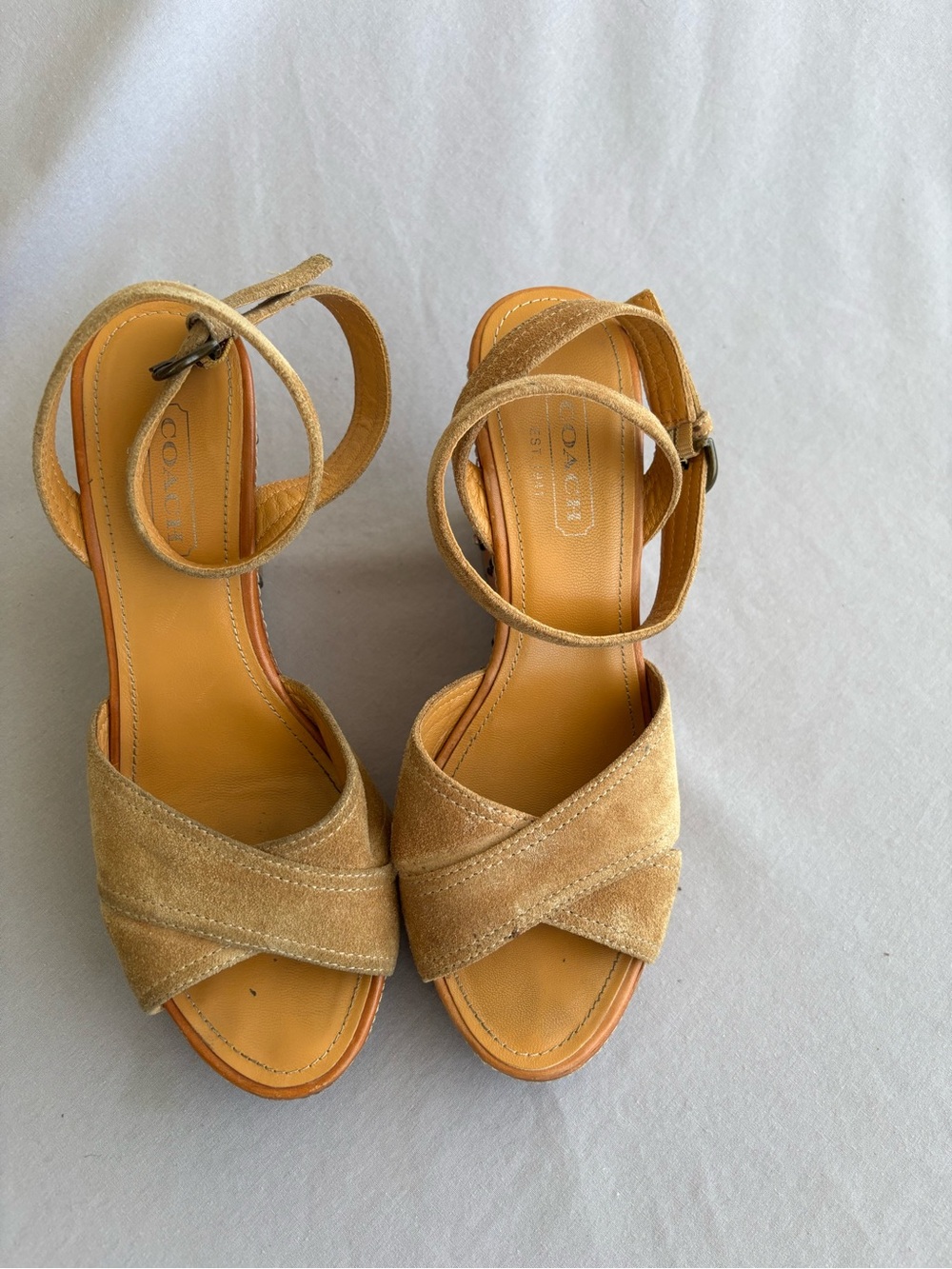 Coach Women's Tan Suede Crossover Ankle-Strap Sandals